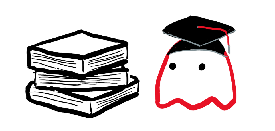 A red ghost with a graduation cap next to a stack of three books.